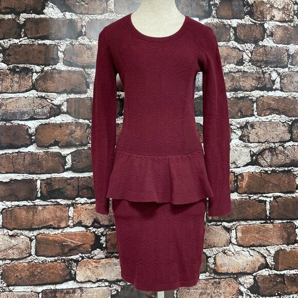 Sandro Paris Dress Peplum Knit Burgundy Red Chevron Long Sleeves Size 2 4 - Picture 1 of 15